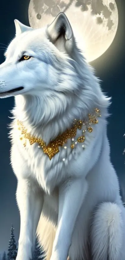 Majestic white wolf with golden necklace under a full moon.