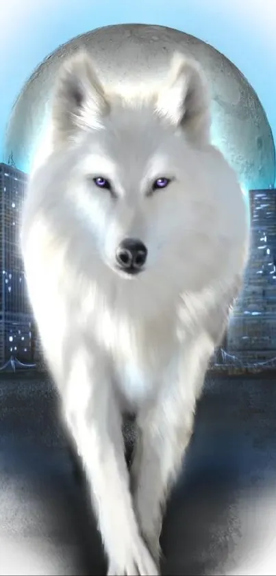 Majestic white wolf with city skyscrapers background.