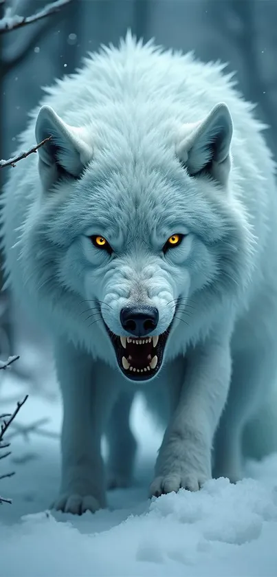 Majestic white wolf in snowy forest background