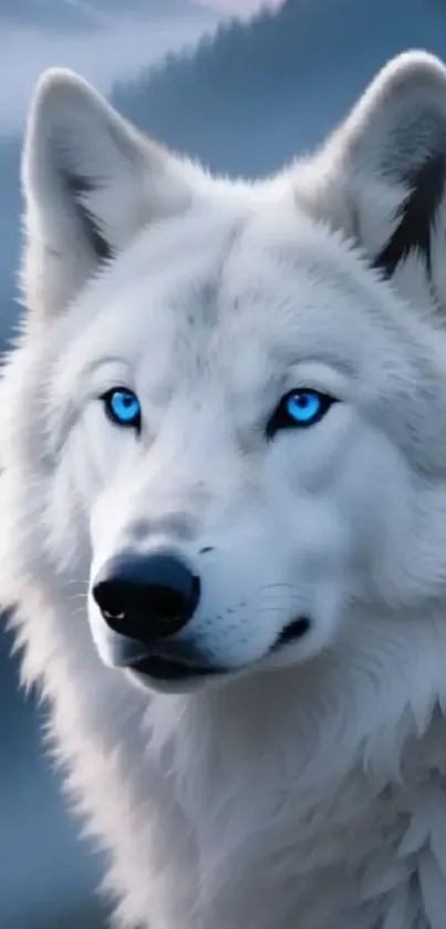 White wolf with blue eyes in a misty forest.