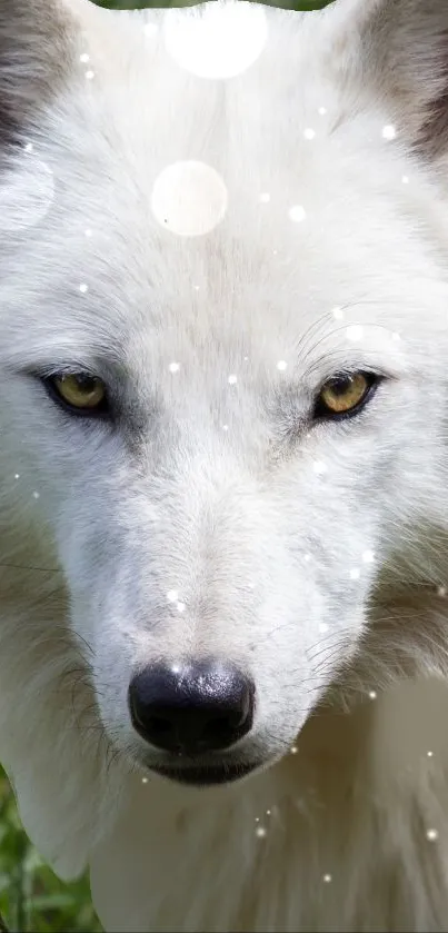 Majestic white wolf with light orbs in a natural setting wallpaper.