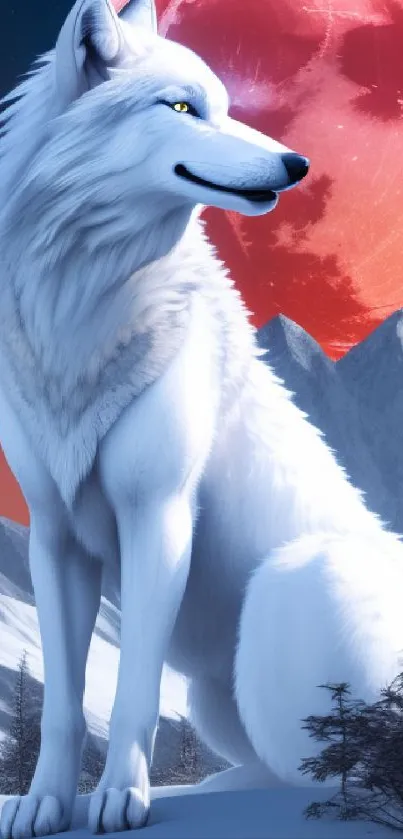 Majestic white wolf under a red moon with snowy mountains.