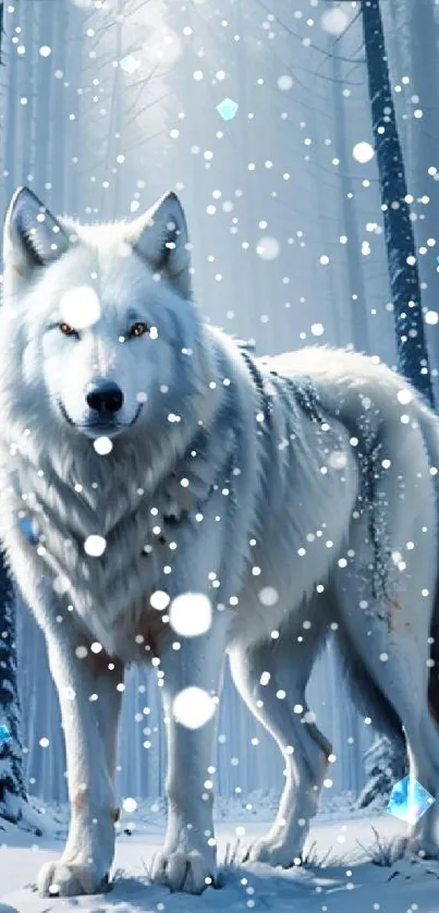 Majestic white wolf in snowy forest wallpaper.