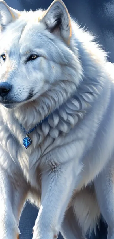 Majestic white wolf with blue necklace on a serene background.