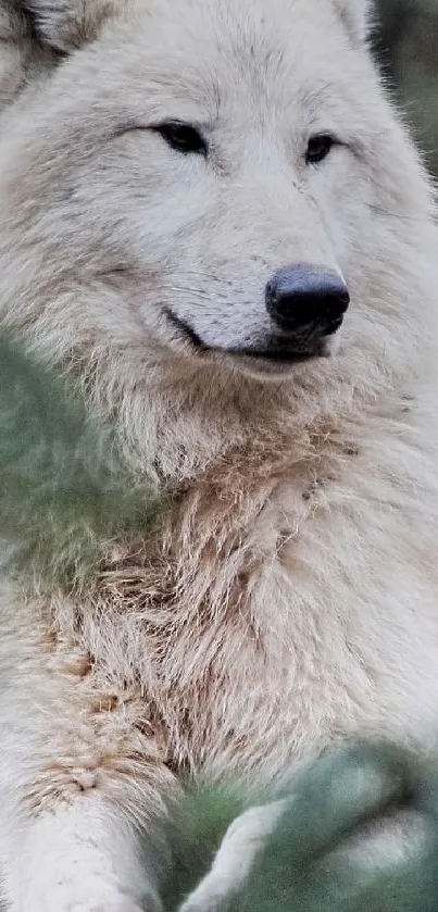 Majestic white wolf surrounded by nature, creating a serene phone wallpaper.