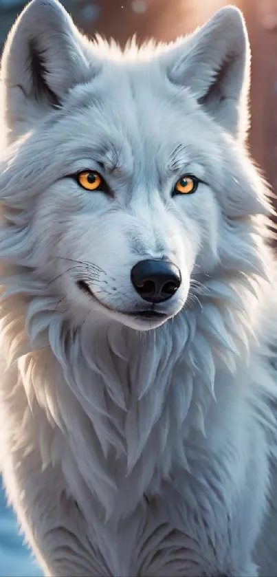 Majestic white wolf with golden eyes in a winter setting, perfect for mobile wallpaper.