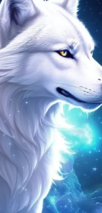 Majestic white wolf with a blue starry night background.