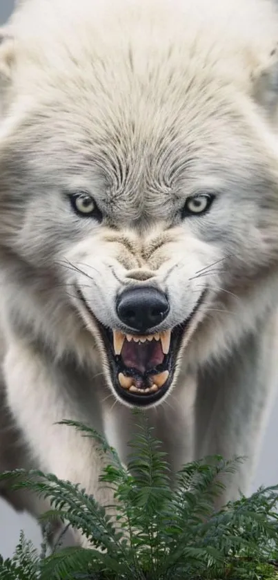 Fierce white wolf roaring amidst greenery.