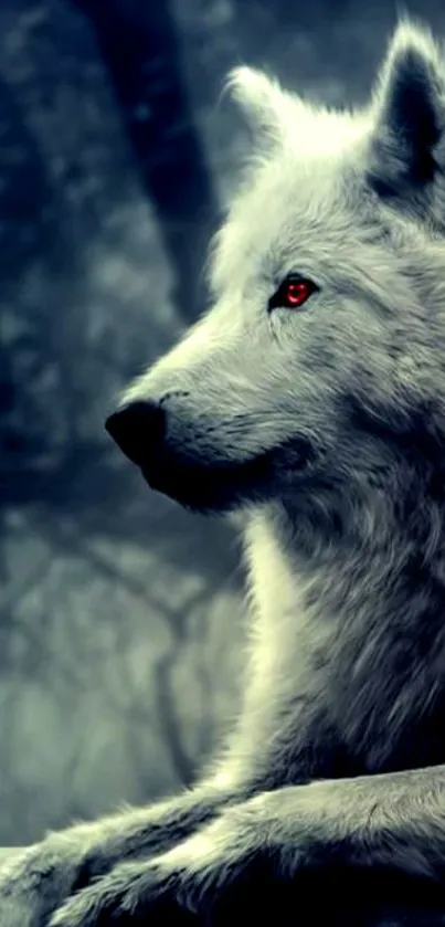 Mobile wallpaper featuring a white wolf with red eyes in a mystical forest.