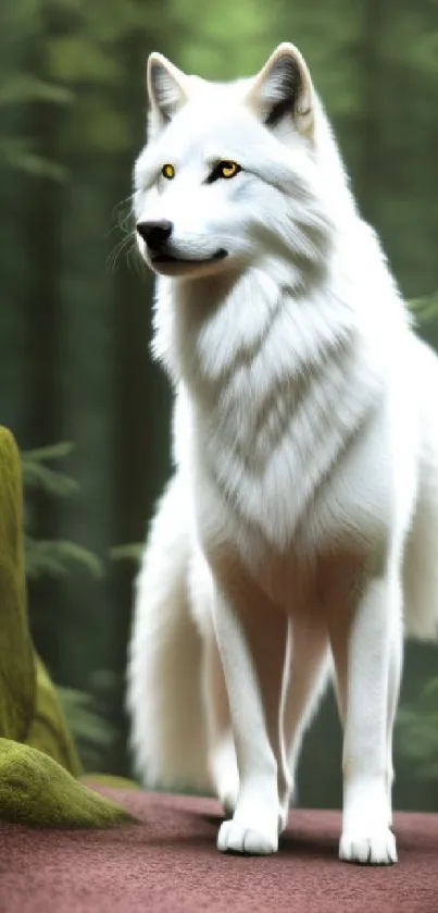 Majestic white wolf standing on forest path.