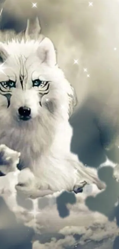 Mystical white wolf with celestial backdrop and stars.