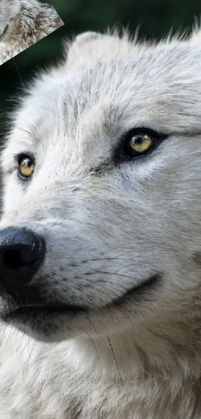 Close-up of a majestic white wolf with striking yellow eyes.