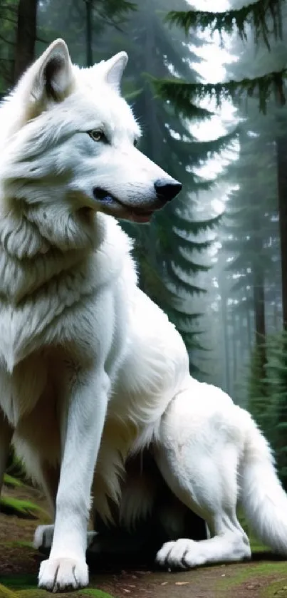 White wolf sitting in green forest