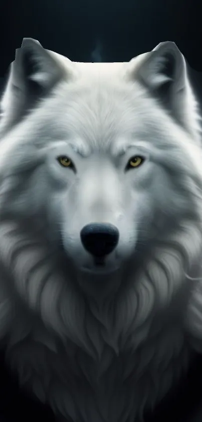 Majestic white wolf with golden eyes on dark background.