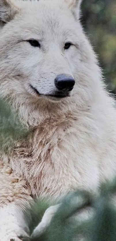 Majestic white wolf sitting in a forest scene.