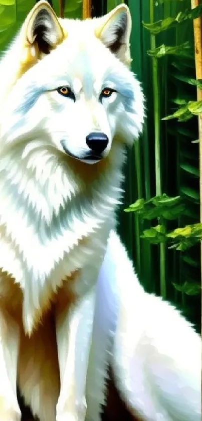 Majestic white wolf sitting in a lush green forest scene.