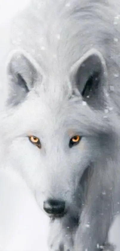 Majestic white wolf in a snowy landscape mobile wallpaper.