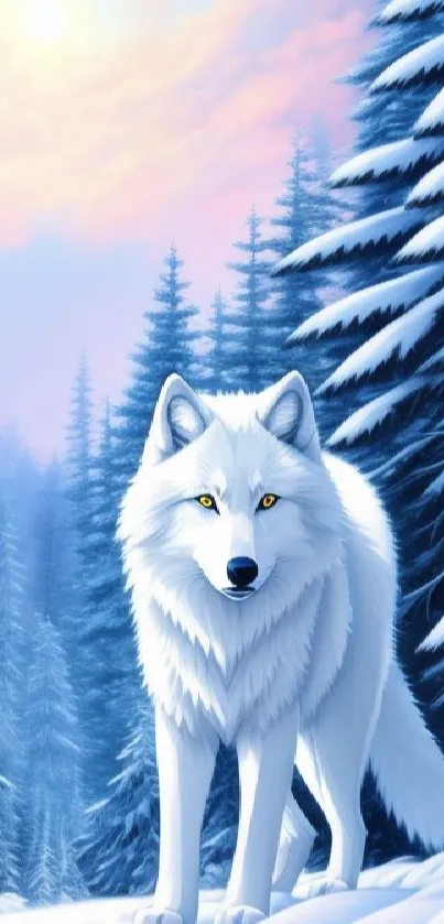 Majestic white wolf in a snowy forest with a soft pink sky.