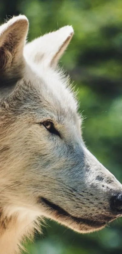 Majestic white wolf against green forest backdrop.