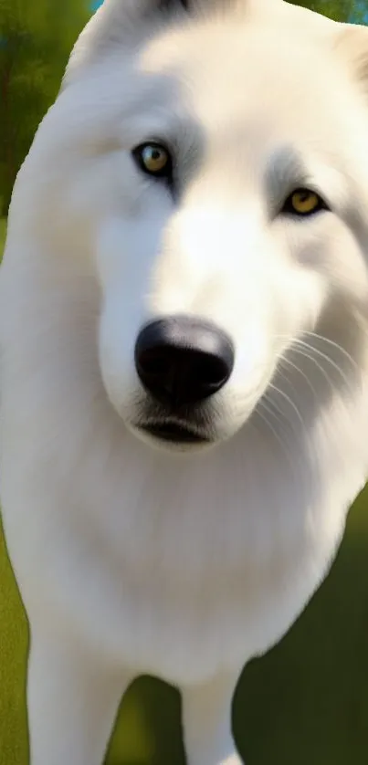 Close-up of a majestic white wolf in nature setting.
