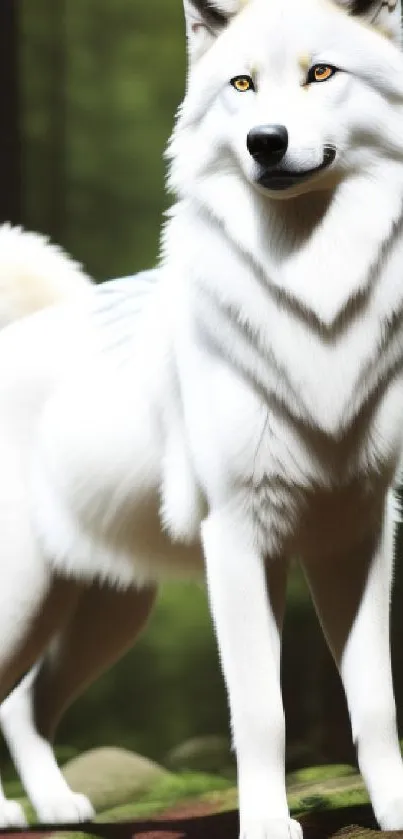 Majestic white wolf stands in lush green forest.