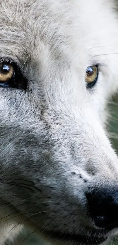 Close-up of a white wolf's face with golden eyes, perfect for a mobile wallpaper.