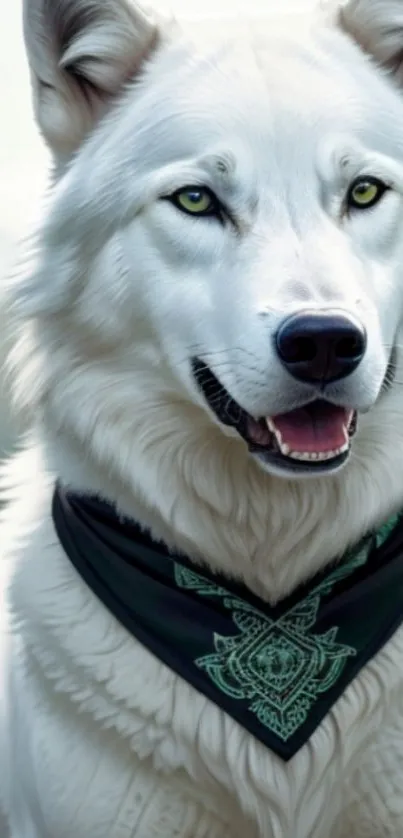 Majestic white wolf with green eyes and black bandana in nature.