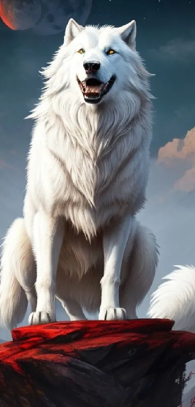 Majestic white wolf under moonlight against a mystical blue sky.