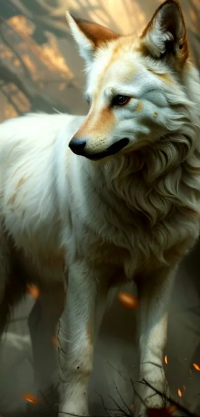 Majestic white wolf standing in forest.