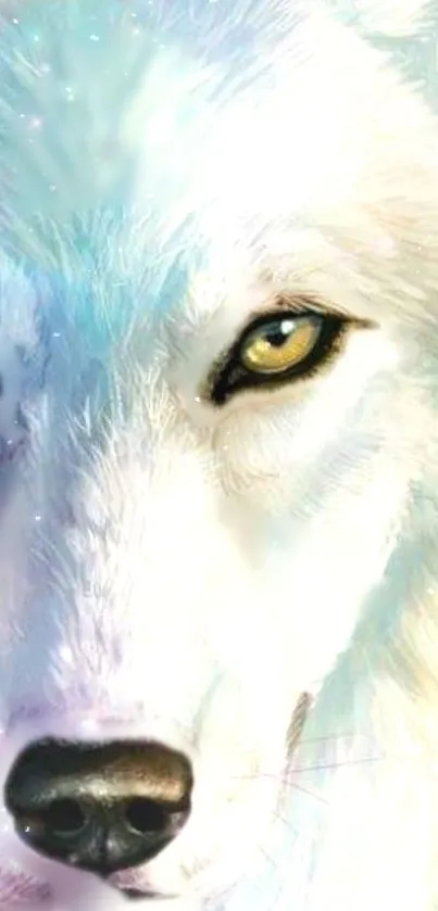 Ethereal white wolf with golden eyes.