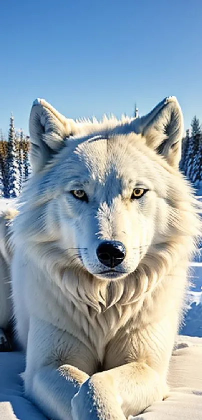 Majestic white wolf in snowy landscape, perfect nature wallpaper.