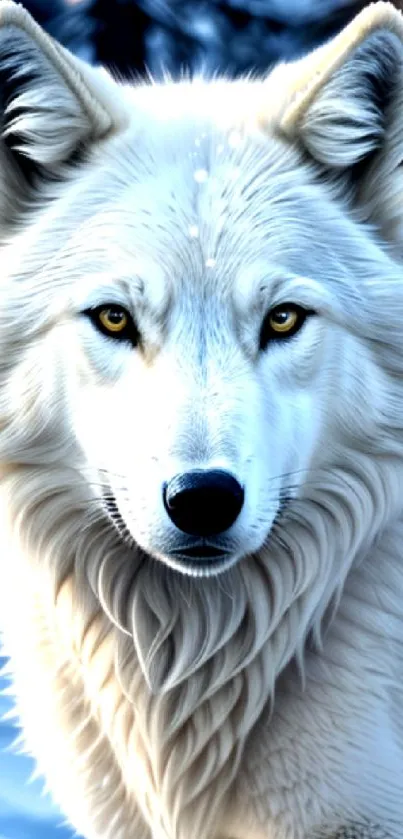 Majestic white wolf in snowy forest wallpaper.