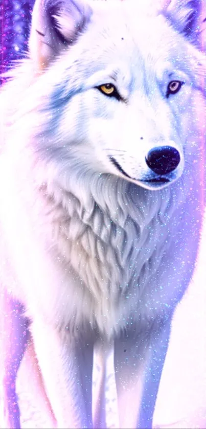 Majestic white wolf standing in a mystical snowy forest.