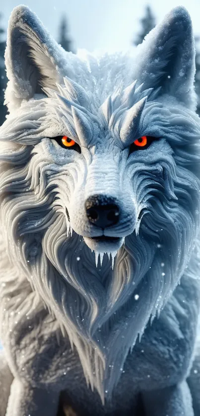 Majestic white wolf with glowing eyes in a winter forest setting.