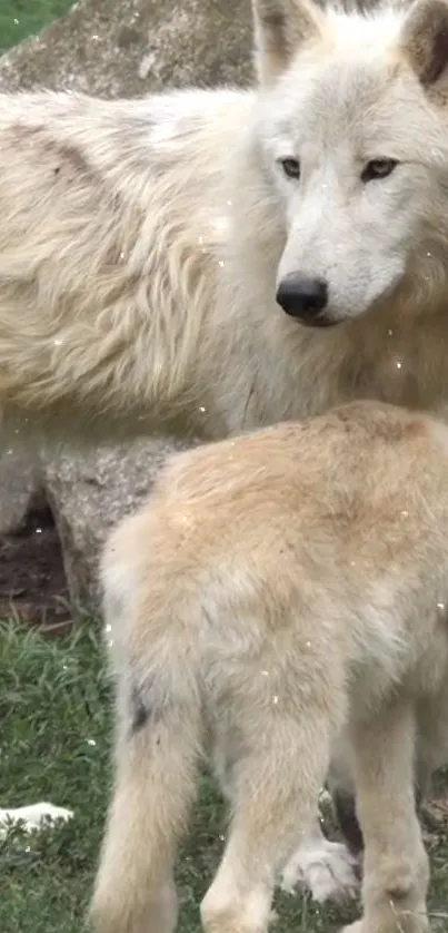 Two majestic white wolves in nature.