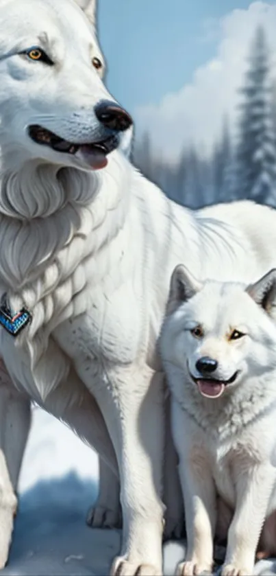 Two majestic white wolves in snowy forest.