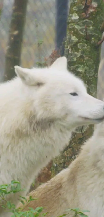 White wolves in forest setting mobile wallpaper.