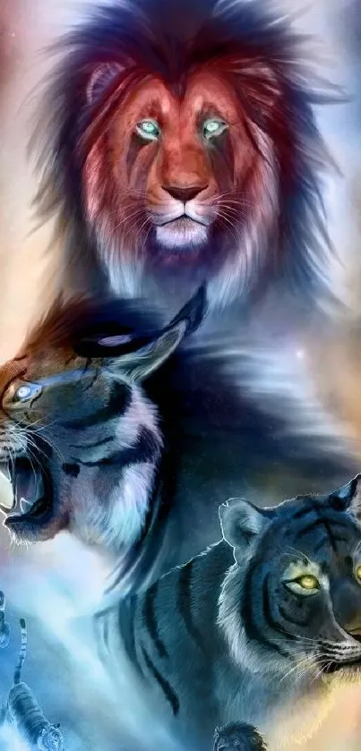 Majestic lion, tiger, and jaguar in artistic wallpaper design.