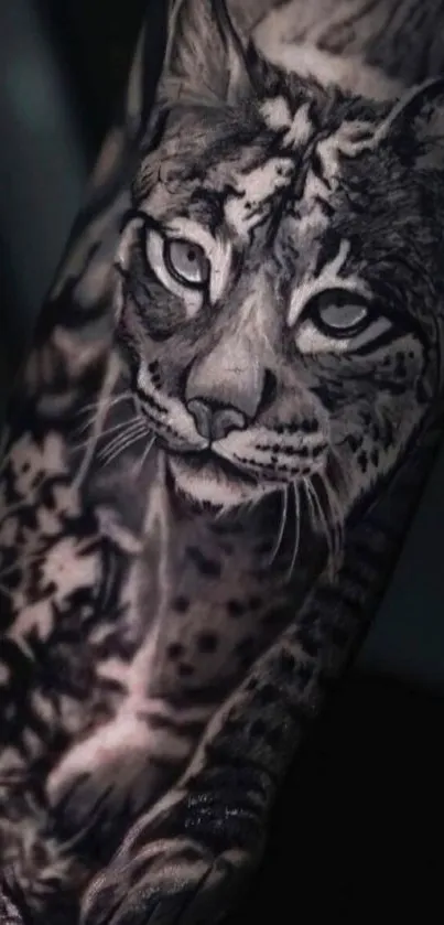 Black and white tattoo of a wild cat on arm.