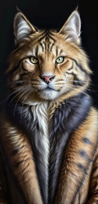 Majestic wild cat portrait with striking fur and intense gaze.