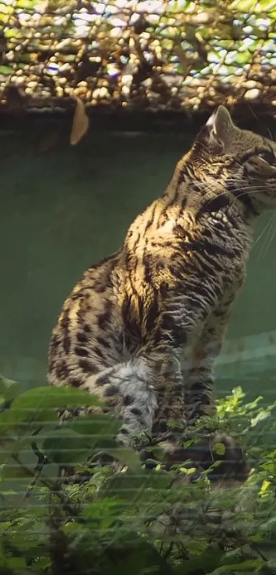 Wild cat in lush jungle setting with vivid green backdrop.