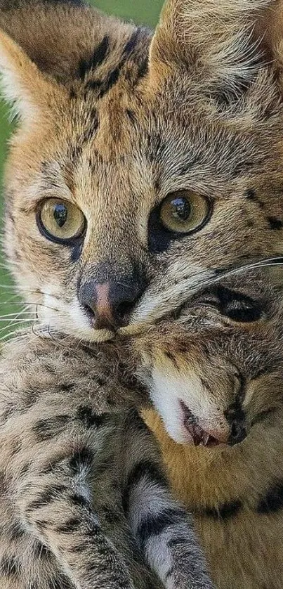 Wild cat holding prey with a green background.