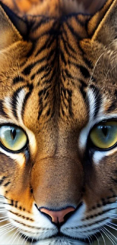 Close-up of a majestic wild cat's face with striking amber eyes and detailed fur pattern.