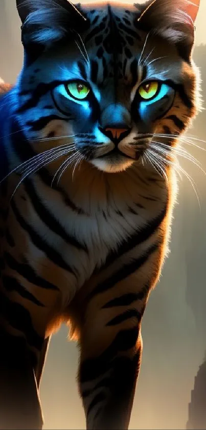 Majestic wild cat with glowing eyes in mystical landscape wallpaper.