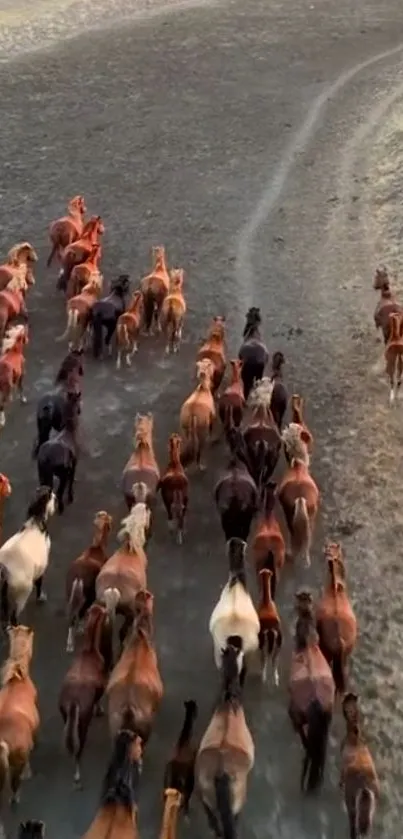 A herd of wild horses running across a field.