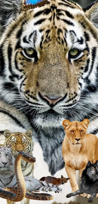 Majestic tiger and wildlife collage with various animals for mobile wallpaper.