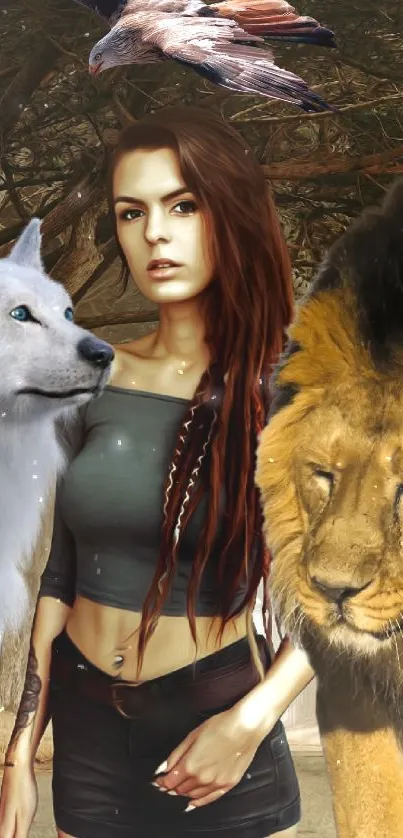 Mystical woman with lion, wolf in forest wallpaper featuring wildlife fantasy art.