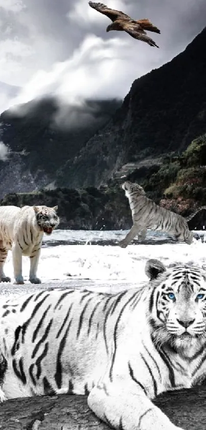 Majestic tigers and eagle with mountains and ocean in stunning mobile wallpaper.