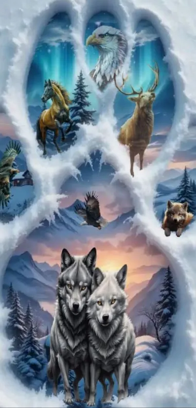 Wildlife scene in snow with wolves and mountains.