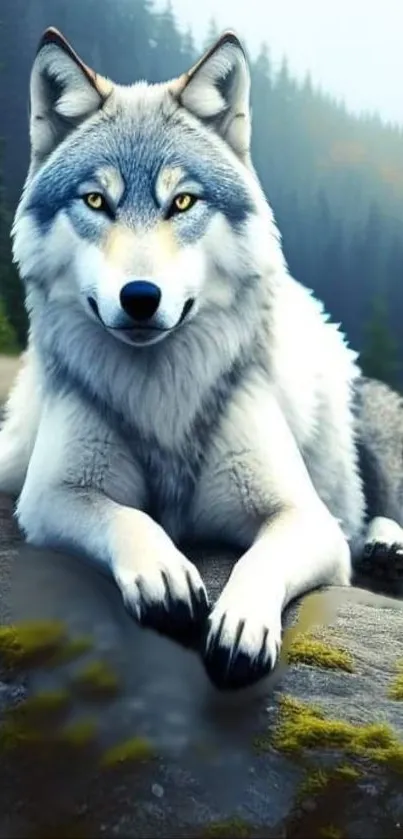 Majestic wolf resting in a serene forest setting.